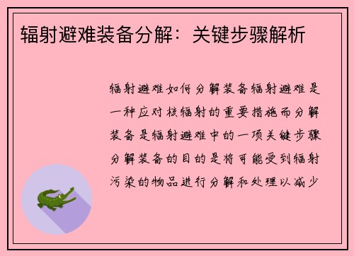 辐射避难装备分解：关键步骤解析